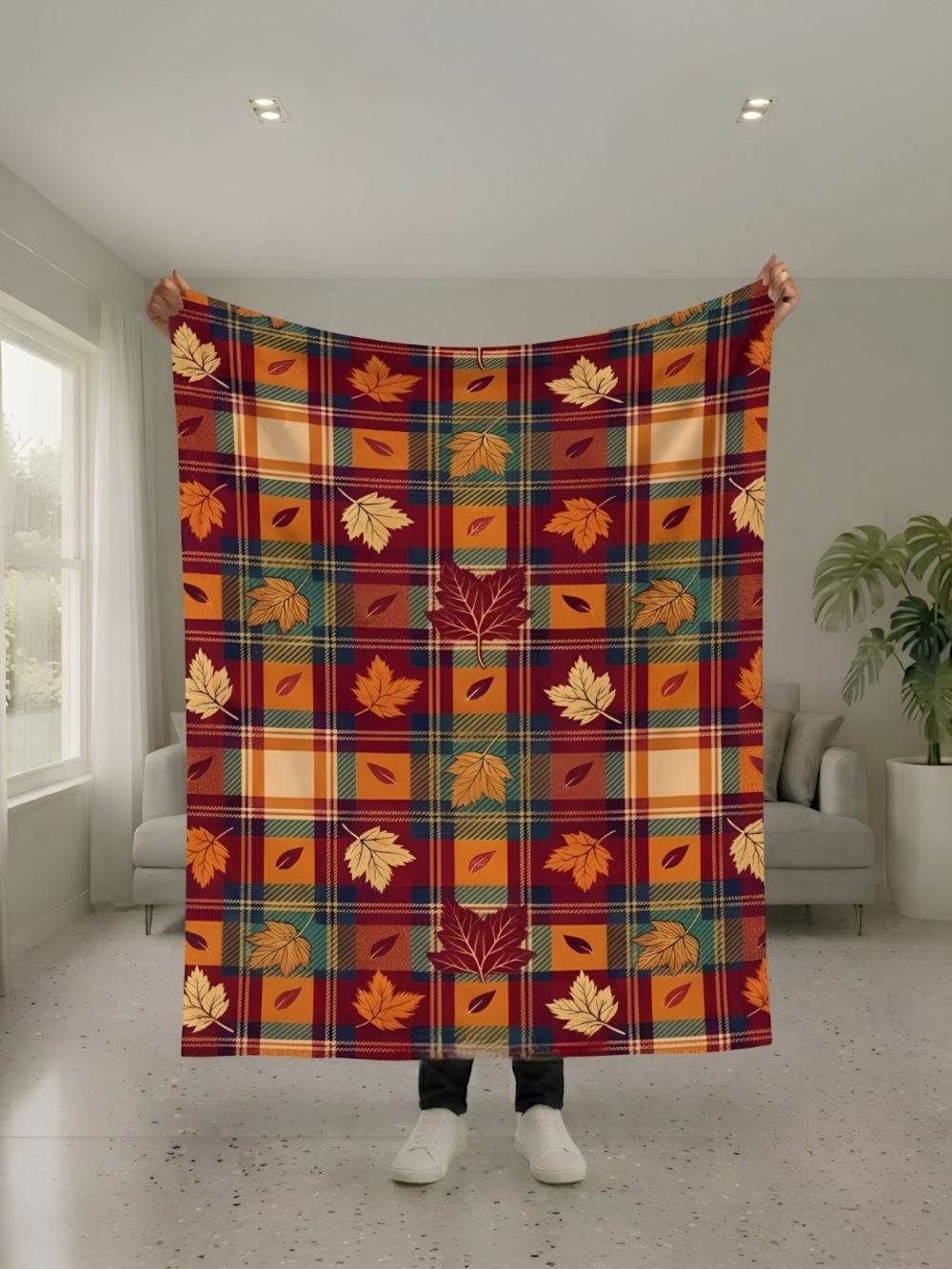Autumn Plaid Leaf Throw Blanket - Orange & Red